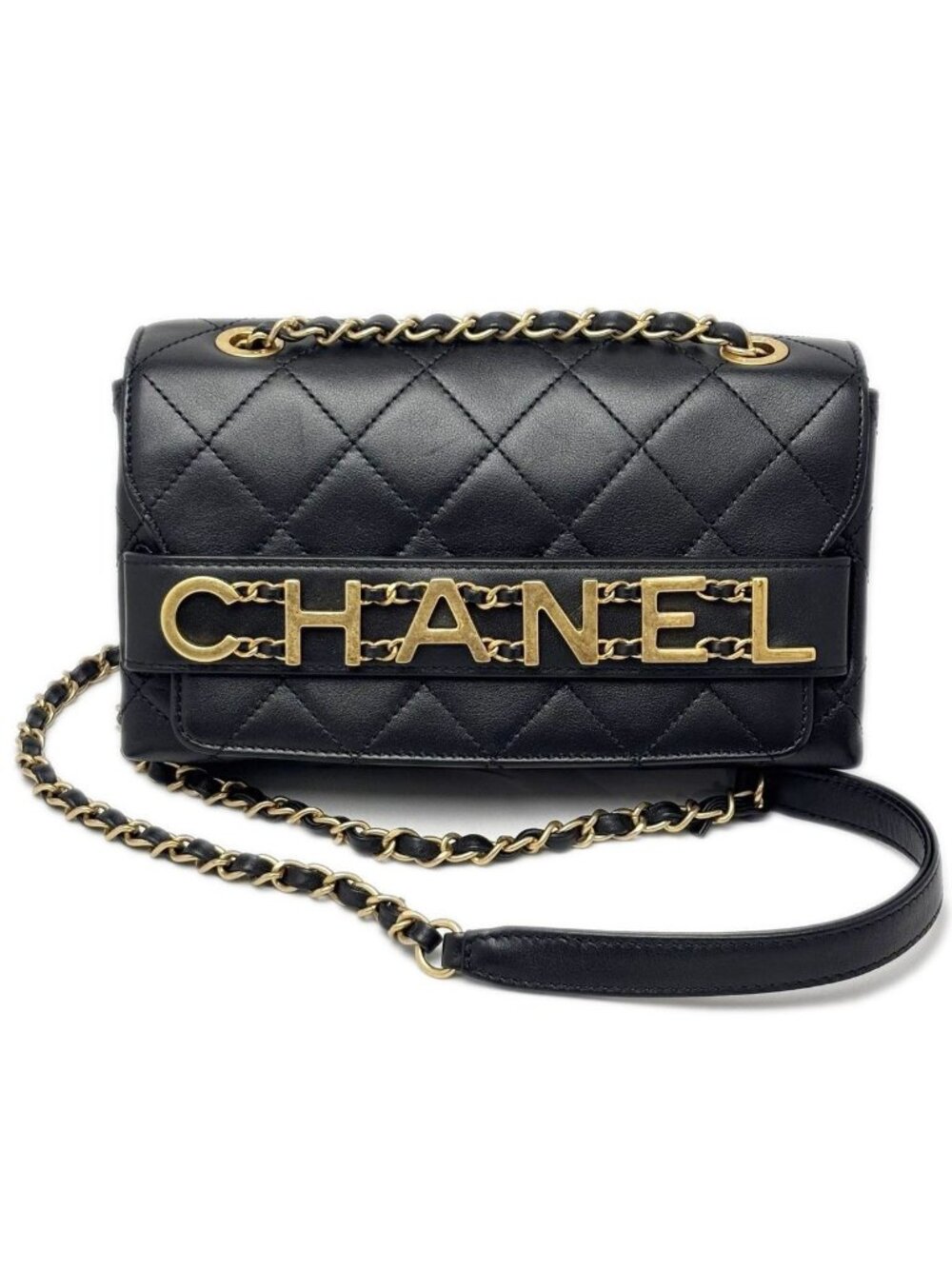 Chanel Shoulder Bag Quilted Logo Chain Black Gold Lambskin